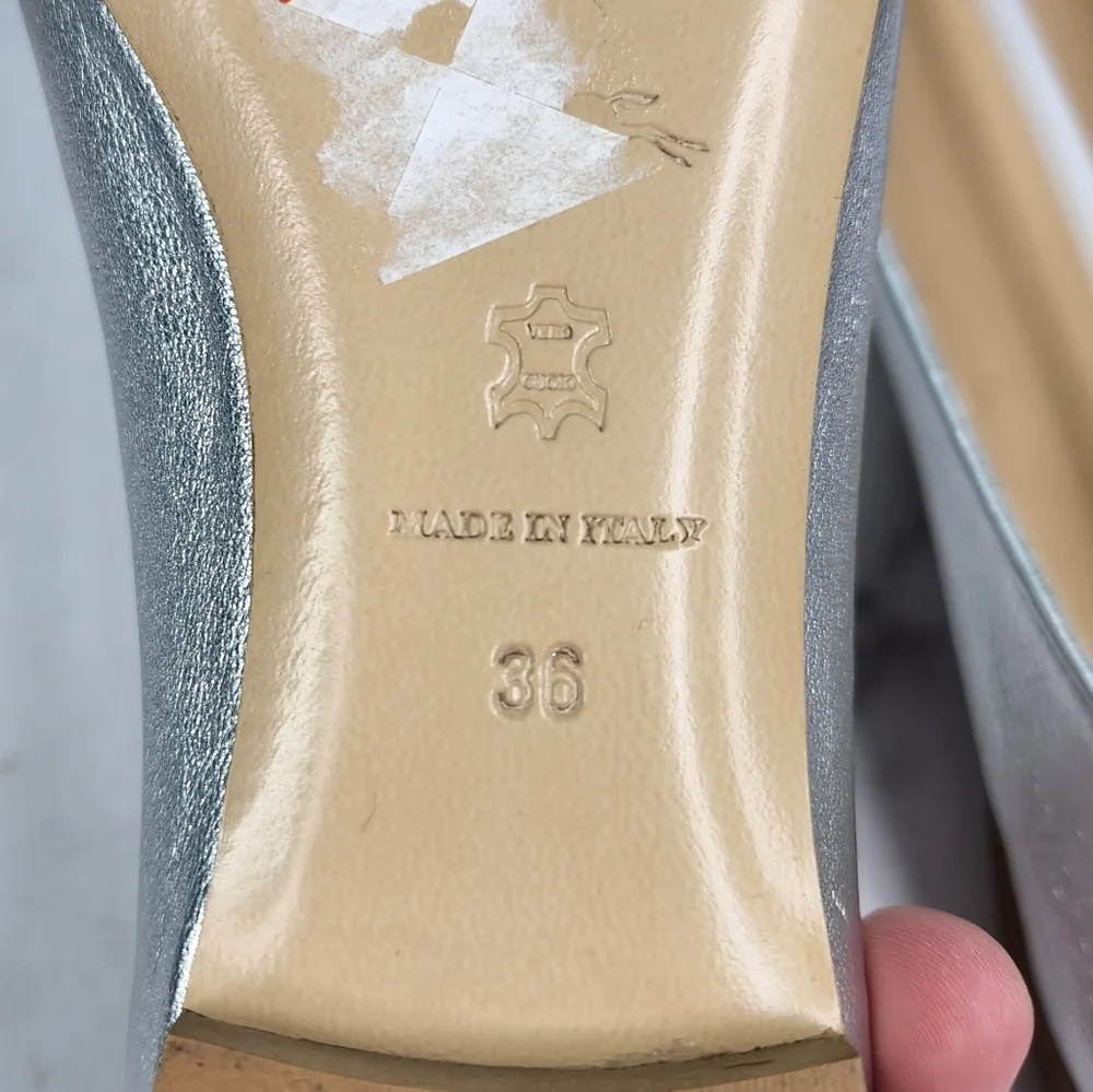 Longchamp Metallic Silver Leather Ballet Flat with Bow